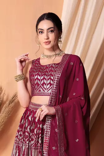 Dark Pink Sequins And Thread Embroidered Georgette Indian Lehenga Dress
