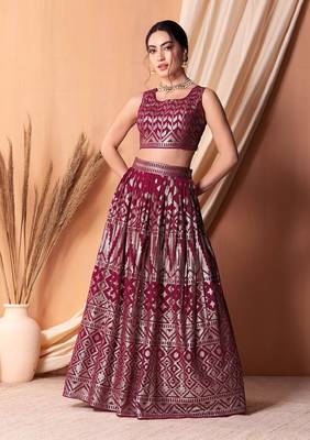Dark Pink Sequins And Thread Embroidered Georgette Indian Lehenga Dress 3