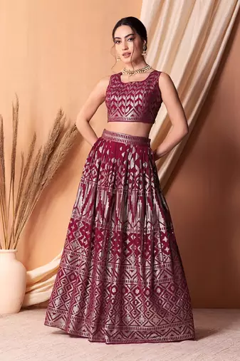 Dark Pink Sequins And Thread Embroidered Georgette Indian Lehenga Dress