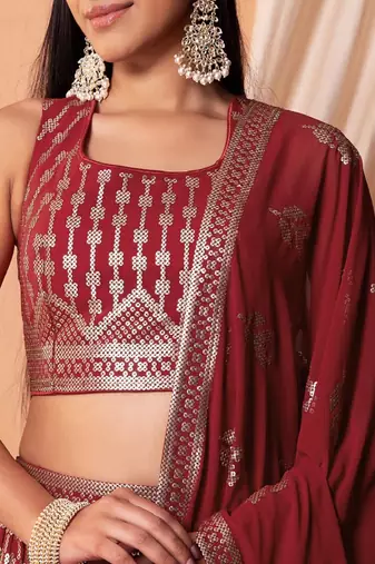  Maroon Thread With Sequins Embroidered Georgette Indian  Lehenga Dress