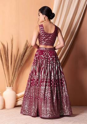 Dark Pink Sequins And Thread Embroidered Georgette Indian Lehenga Dress 4