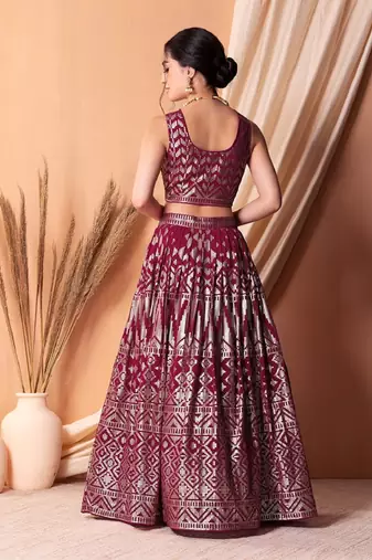 Dark Pink Sequins And Thread Embroidered Georgette Indian Lehenga Dress