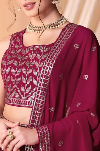 Dark Pink Sequins And Thread Embroidered Georgette Indian Lehenga Dress