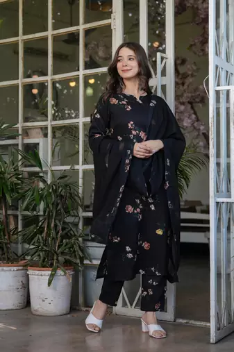 Silk Blend Printed work Straight cut Kurta Pant and Dupatta Set