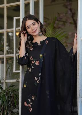 Silk Blend Printed work Straight cut Kurta Pant and Dupatta Set 5
