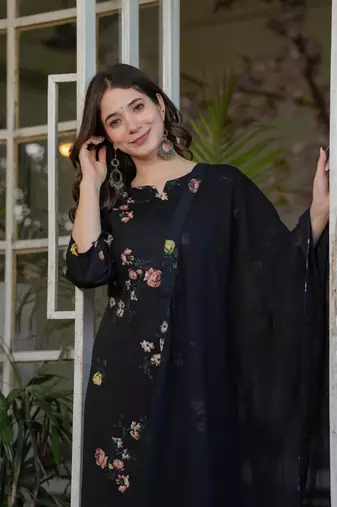 Silk Blend Printed work Straight cut Kurta Pant and Dupatta Set