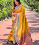Yellow paithani silk saree with unstitched blouse piece