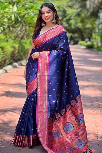 Navy blue paithani silk saree with unstitched blouse piece