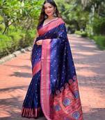 Navy blue paithani silk saree with unstitched blouse piece