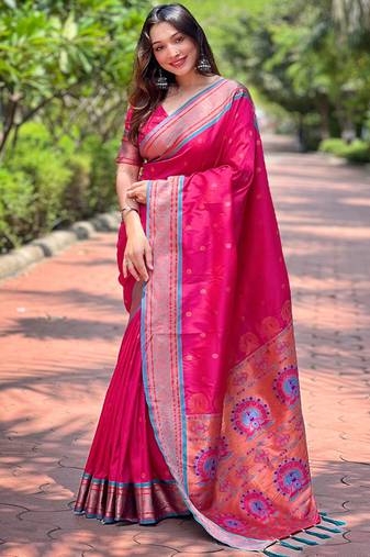 Pink paithani silk saree with unstitched blouse piece