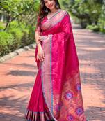 Pink paithani silk saree with unstitched blouse piece