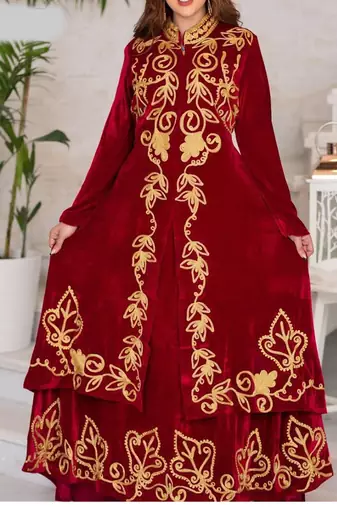 Sale Red Velvet Handcrafted Aari work stitched dress Moroccan Dubai Kaftan Wedding Dress