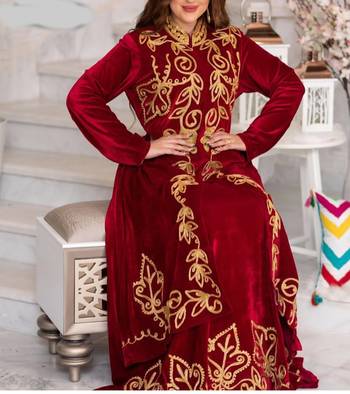 Sale Red Velvet Handcrafted Aari work stitched dress Moroccan Dubai Kaftan Wedding Dress 3