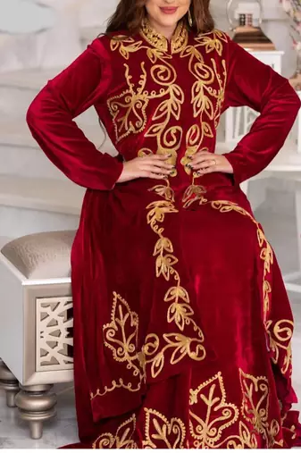 Sale Red Velvet Handcrafted Aari work stitched dress Moroccan Dubai Kaftan Wedding Dress