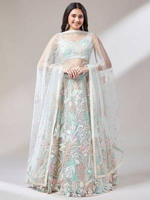sky blue sequins soft net lehenga set choli with dupatta 2