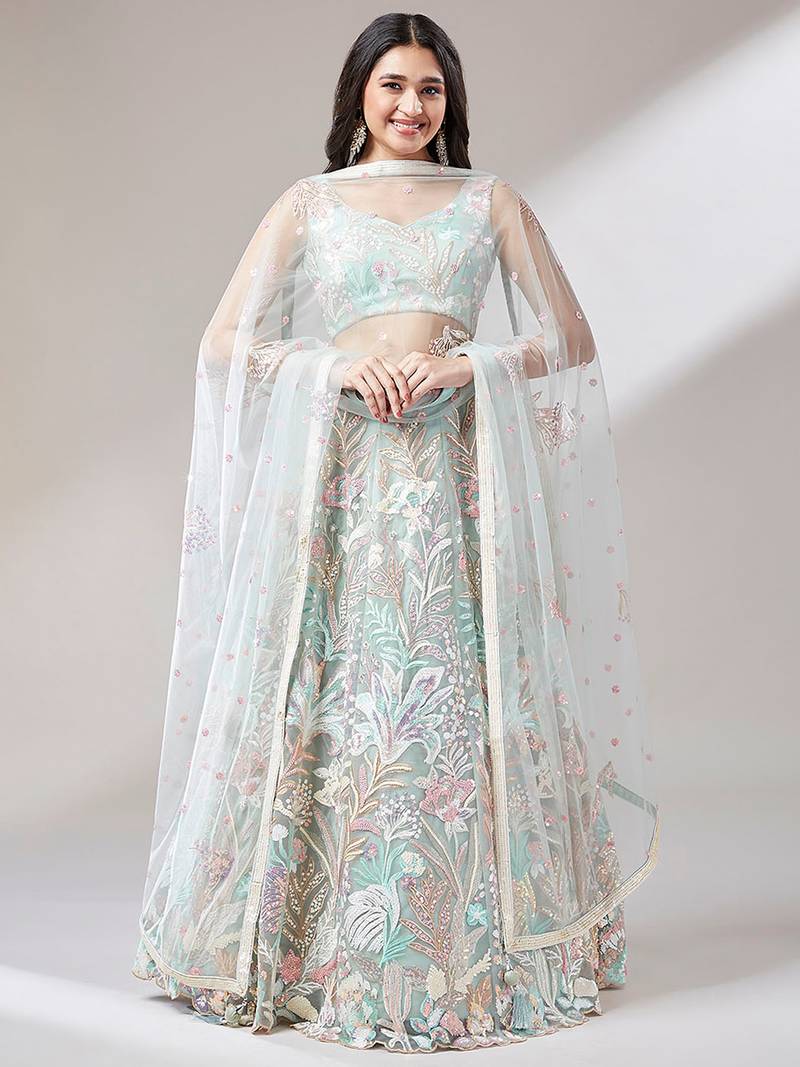 Dazzling Sky Blue Sequins Soft Net Engagement Wear Lehenga Choli