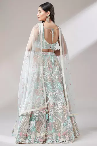 sky blue sequins soft net lehenga set choli with dupatta
