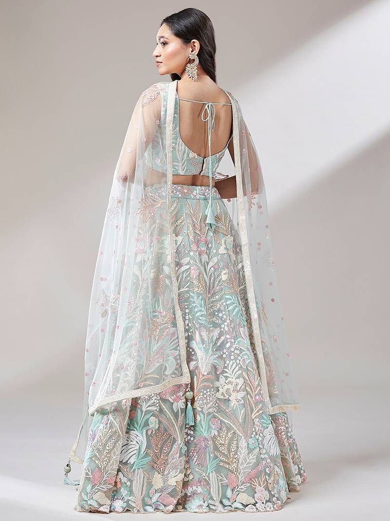 Dazzling Sky Blue Sequins Soft Net Engagement Wear Lehenga Choli