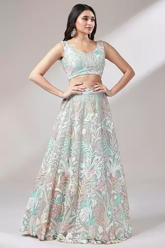 sky blue sequins soft net lehenga set choli with dupatta