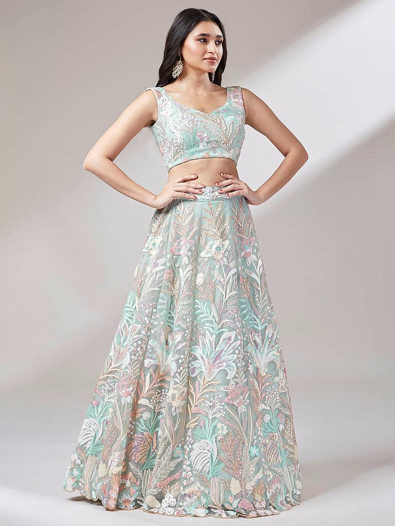 Dazzling Sky Blue Sequins Soft Net Engagement Wear Lehenga Choli