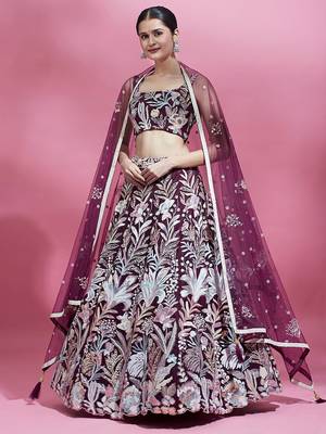breathtaking wine sequins soft net lehenga set choli with dupatta 1