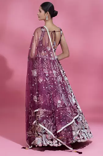 breathtaking wine sequins soft net lehenga set choli with dupatta