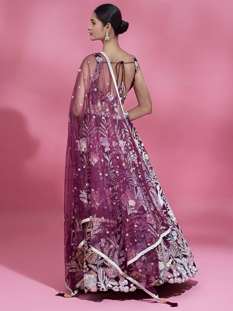 Breathtaking Wine Sequins Soft Net Function Wear Lehenga Choli