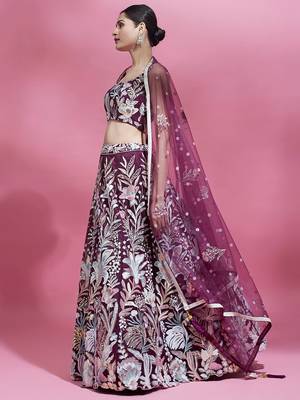 breathtaking wine sequins soft net lehenga set choli with dupatta 3