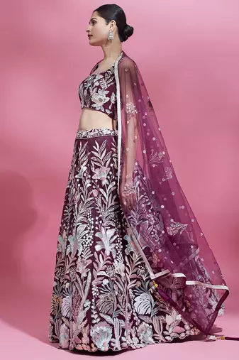 breathtaking wine sequins soft net lehenga set choli with dupatta