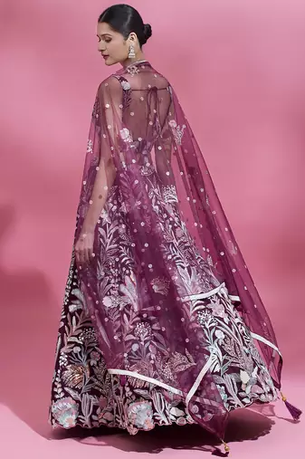 breathtaking wine sequins soft net lehenga set choli with dupatta