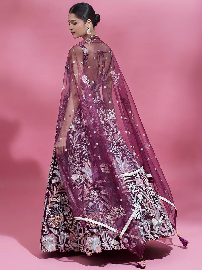 Breathtaking Wine Sequins Soft Net Function Wear Lehenga Choli