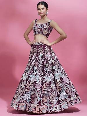 breathtaking wine sequins soft net lehenga set choli with dupatta 5