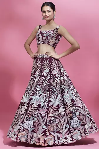 breathtaking wine sequins soft net lehenga set choli with dupatta