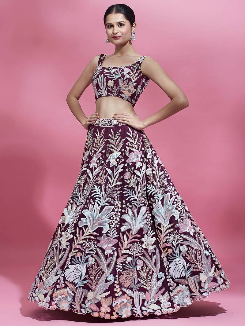 Breathtaking Wine Sequins Soft Net Function Wear Lehenga Choli