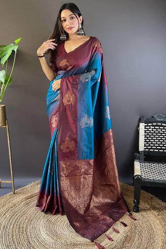 Blue soft silk saree with unstitched blouse piece