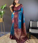 Blue soft silk saree with unstitched blouse piece