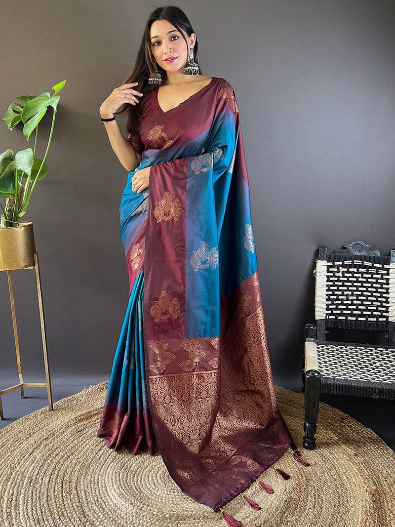 Blue soft silk saree with unstitched blouse piece