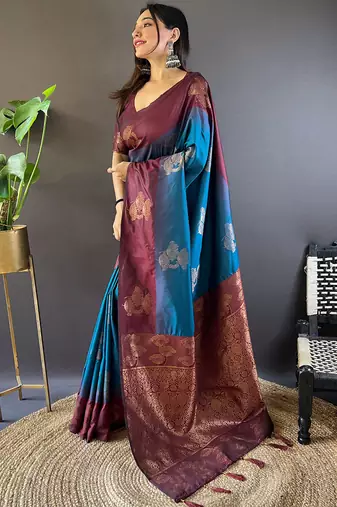 Blue soft silk saree with unstitched blouse piece