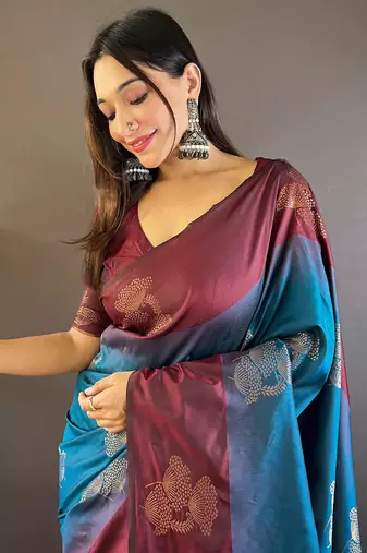 Blue soft silk saree with unstitched blouse piece