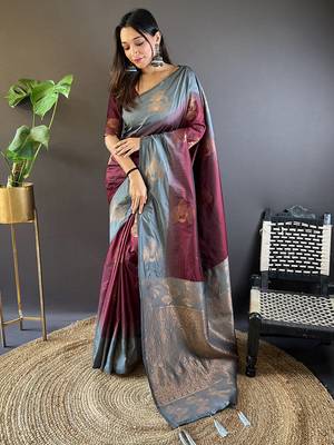 Maroon soft silk saree with unstitched blouse piece 1