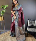 Maroon soft silk saree with unstitched blouse piece