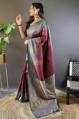 Maroon soft silk saree with unstitched blouse piece