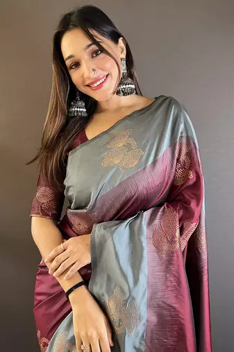 Maroon soft silk saree with unstitched blouse piece