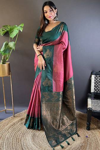 Pink soft silk saree with unstitched blouse piece