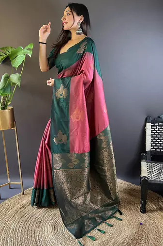 Pink soft silk saree with unstitched blouse piece
