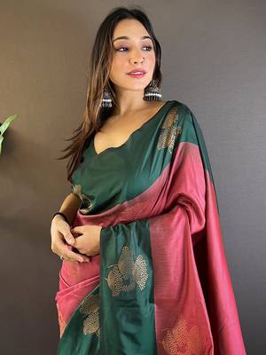 Pink soft silk saree with unstitched blouse piece 3