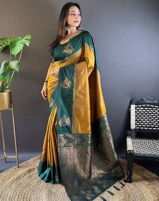 Yellow soft silk saree with unstitched blouse piece 1