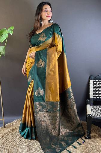 Yellow soft silk saree with unstitched blouse piece