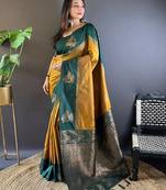 Yellow soft silk saree with unstitched blouse piece