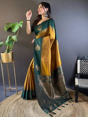 Yellow soft silk saree with unstitched blouse piece 2